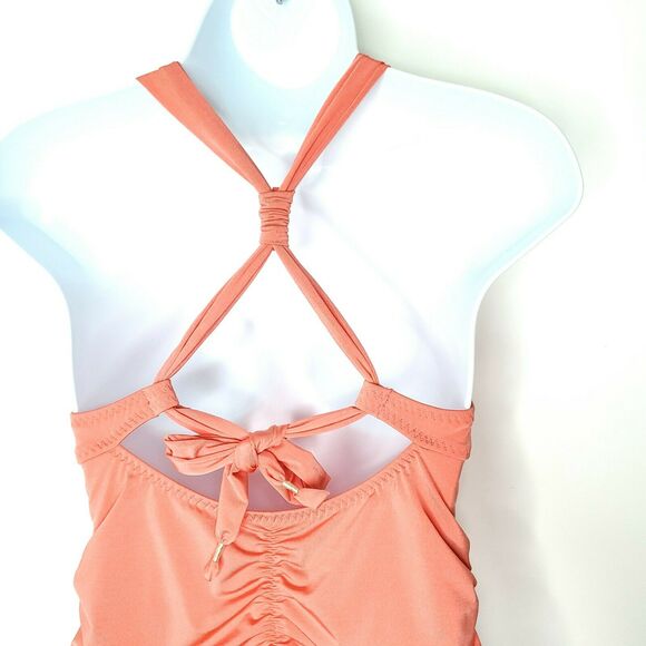 Athleta Aqualuxe Tankini Swim Top S Coral Sunset Orange Ruched Deep V - Picture 6 of 12